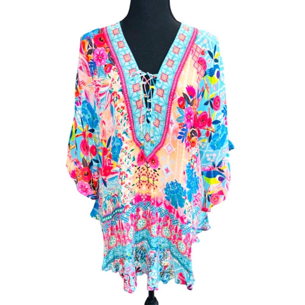 NWT Charlie Paige Multicolor Floral Boho Tunic Kaftan Top One Size 100% Viscose